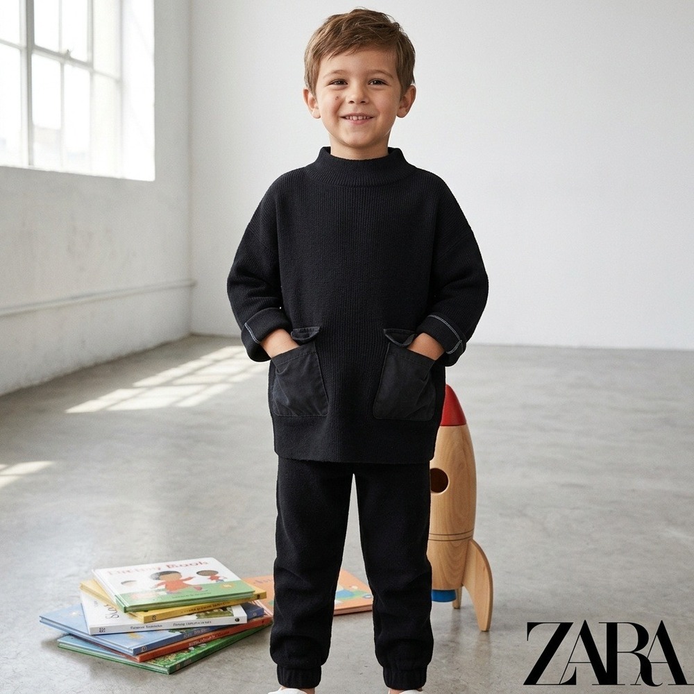 Zara Waffle Knit Set Kids Size 4 Black Excellent Mock Neck Pocketed Loungewear
